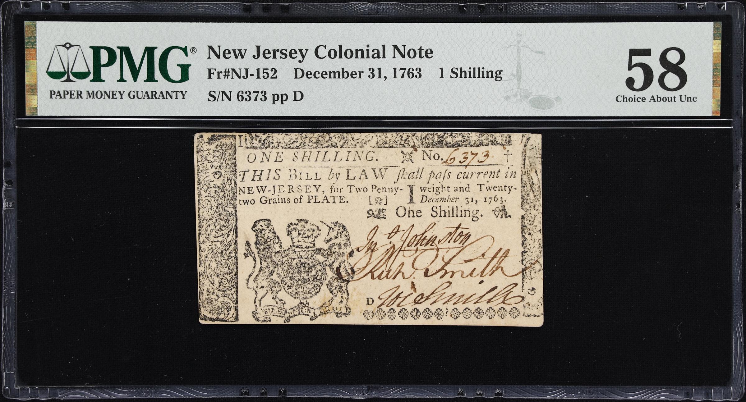image for: NJ-152. New Jersey. December 31, 1763. 1 Shilling. PMG Choice About Uncirculated 58.