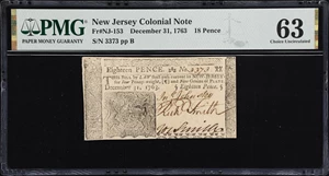 image for: NJ-153. New Jersey. December 31, 1763. 18 Pence. PMG Choice Uncirculated 63.