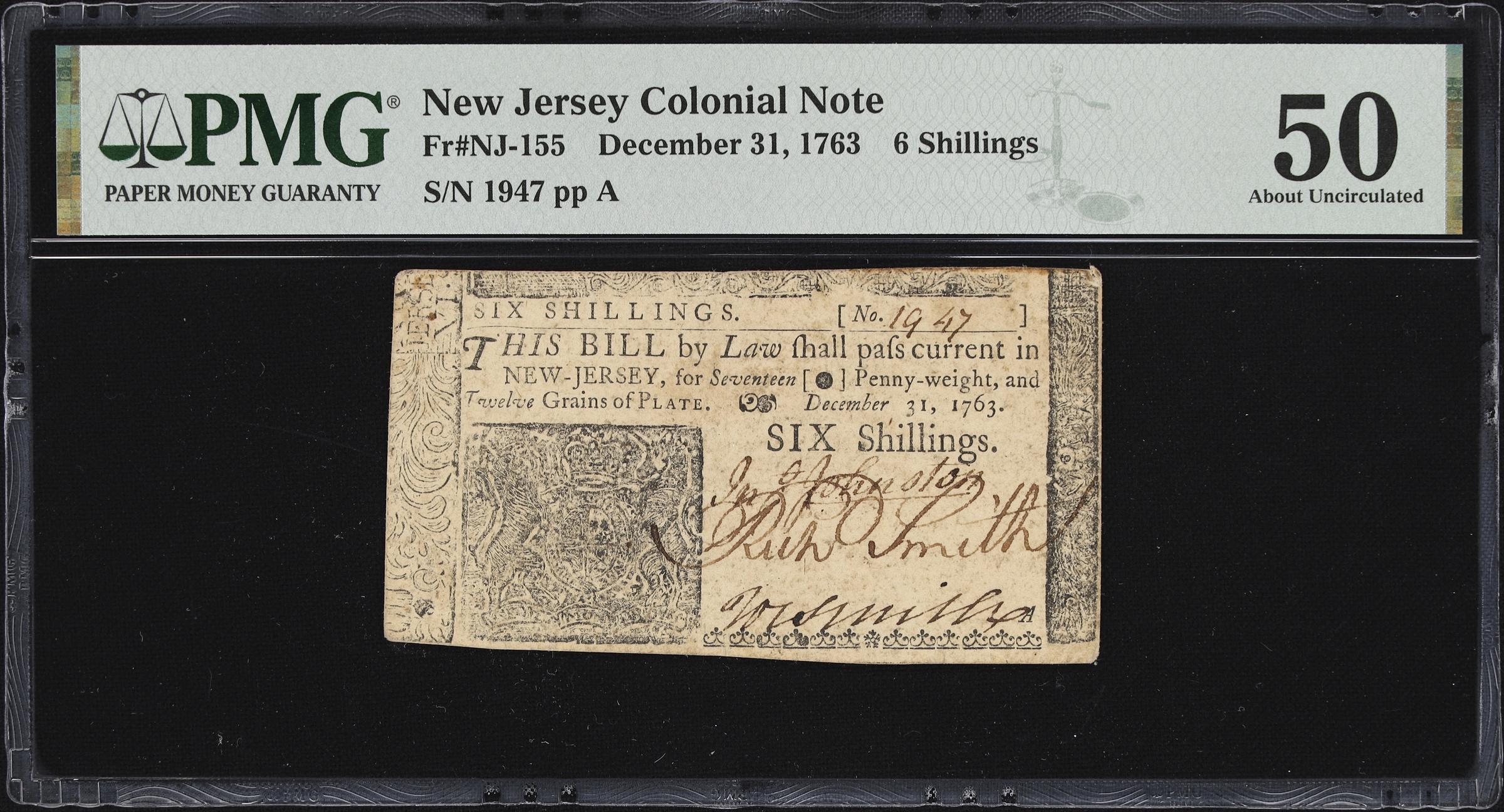 image for: NJ-155. New Jersey. December 31, 1763. 6 Shillings. PMG About Uncirculated 50.