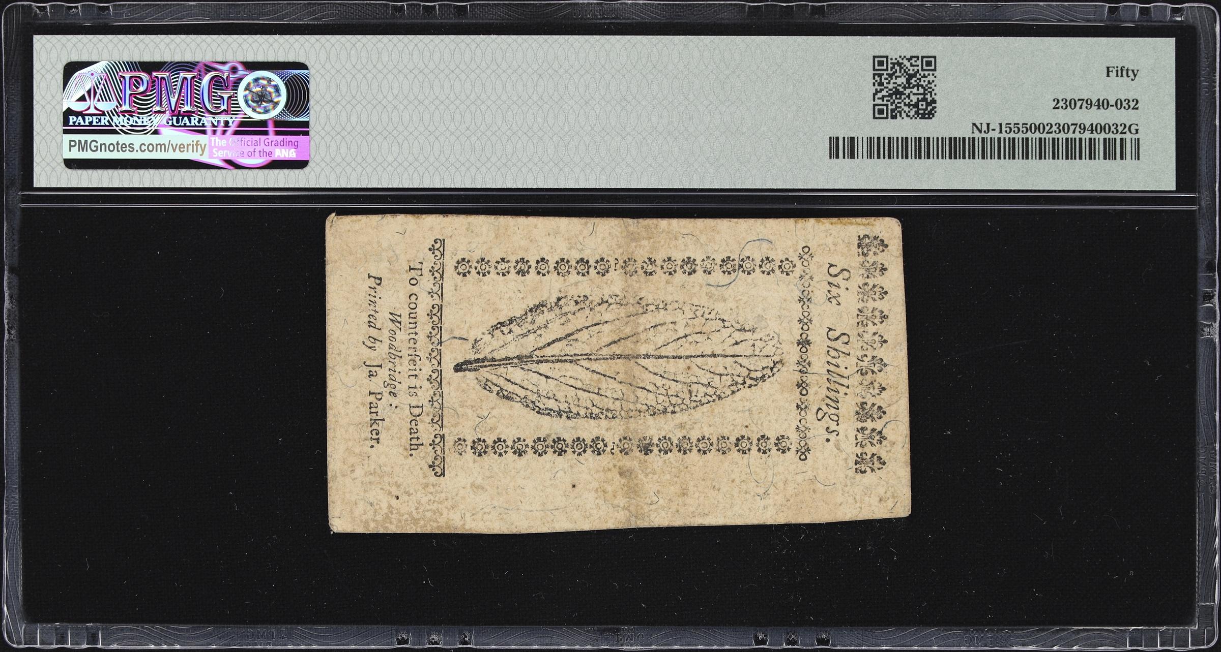 image for: NJ-155. New Jersey. December 31, 1763. 6 Shillings. PMG About Uncirculated 50.