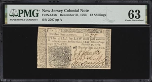 image for: NJ-156. New Jersey. December 31, 1763. 12 Shillings. PMG Choice Uncirculated 63.
