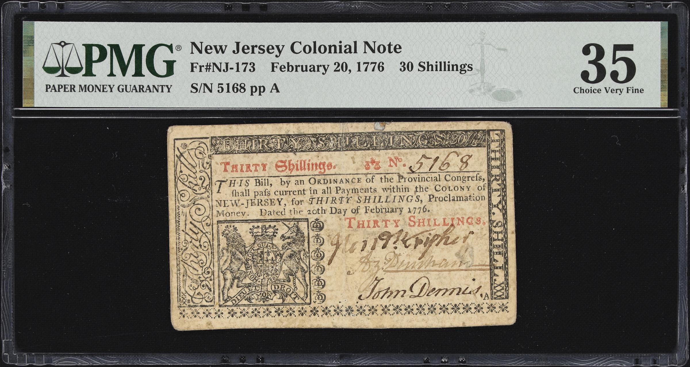 image for: NJ-173. New Jersey. February 20, 1776. 30 Shillings. PMG Choice Very Fine 35.