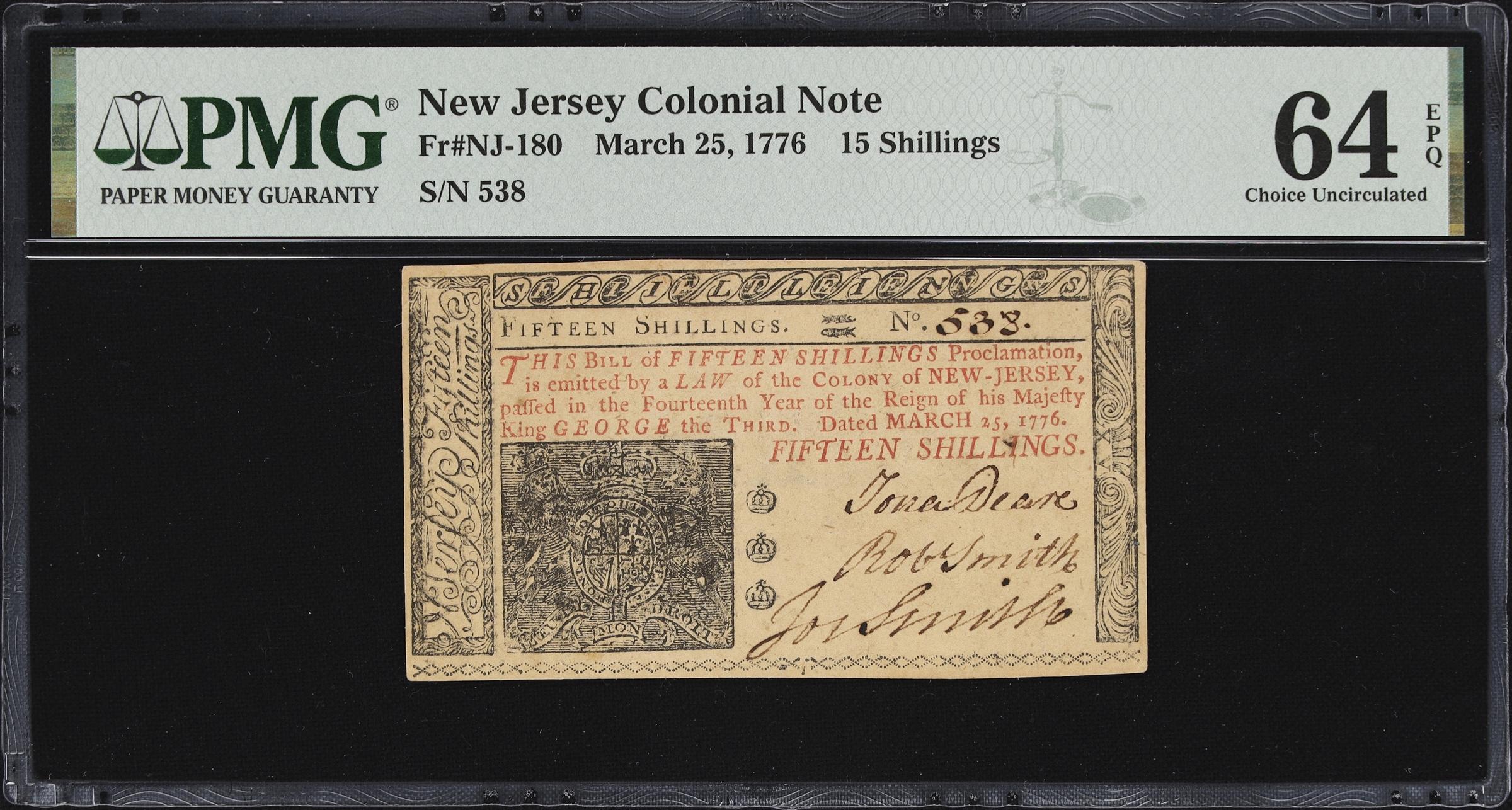 image for: NJ-180. New Jersey. March 25, 1776. 15 Shillings. PMG Choice Uncirculated 64 EPQ.