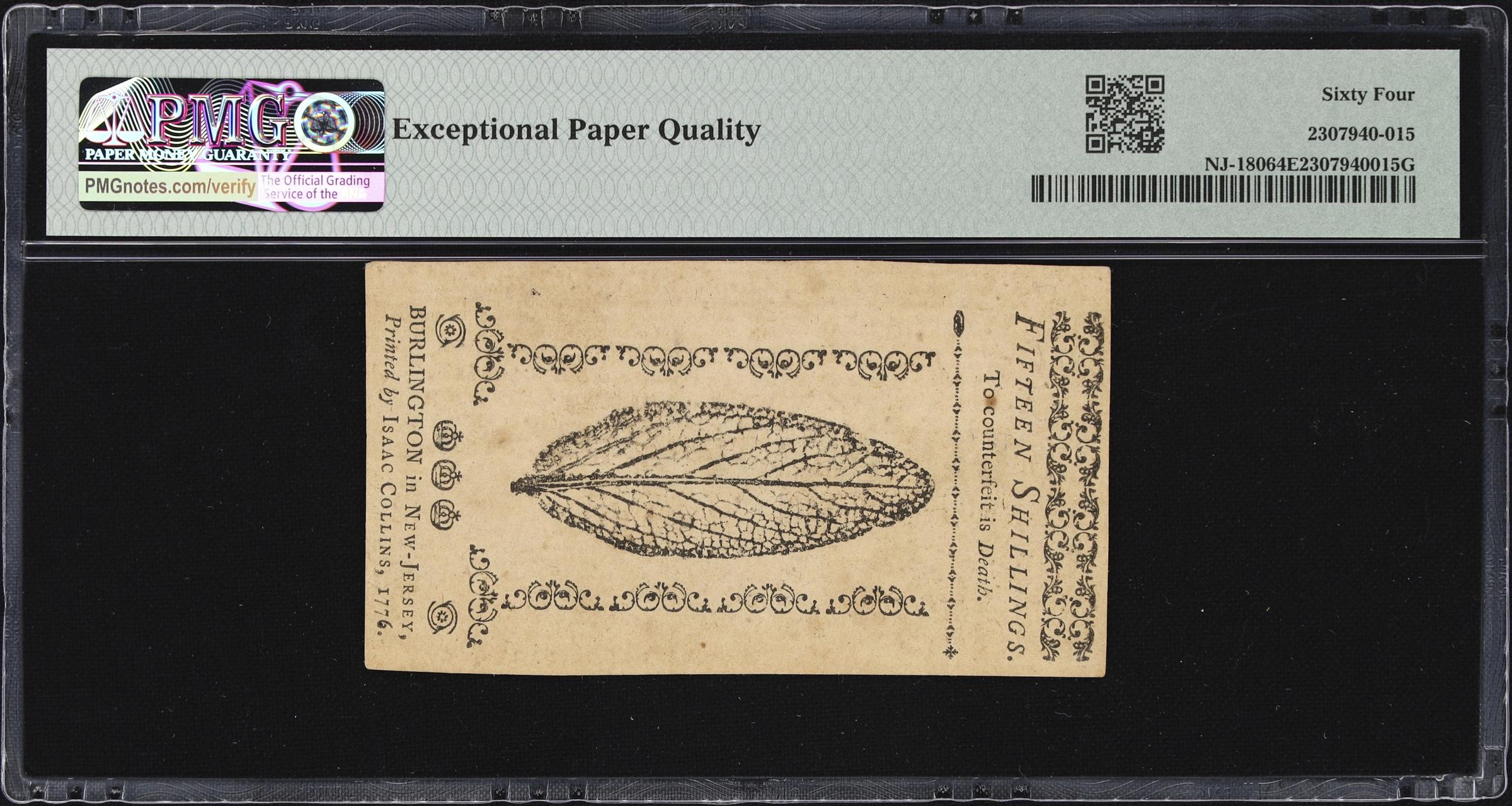 image for: NJ-180. New Jersey. March 25, 1776. 15 Shillings. PMG Choice Uncirculated 64 EPQ.