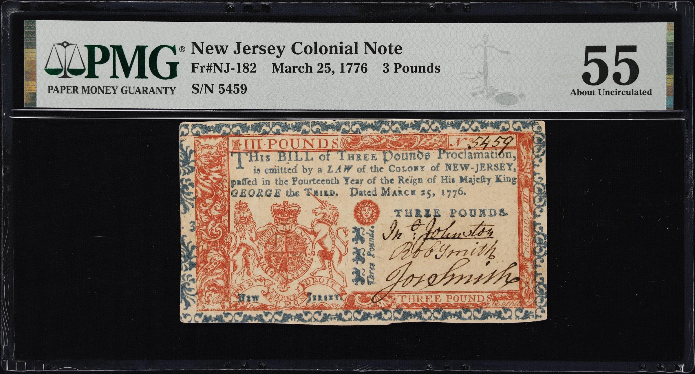 image for: NJ-182. New Jersey. March 25, 1776. 3 Pounds. PMG About Uncirculated 55.