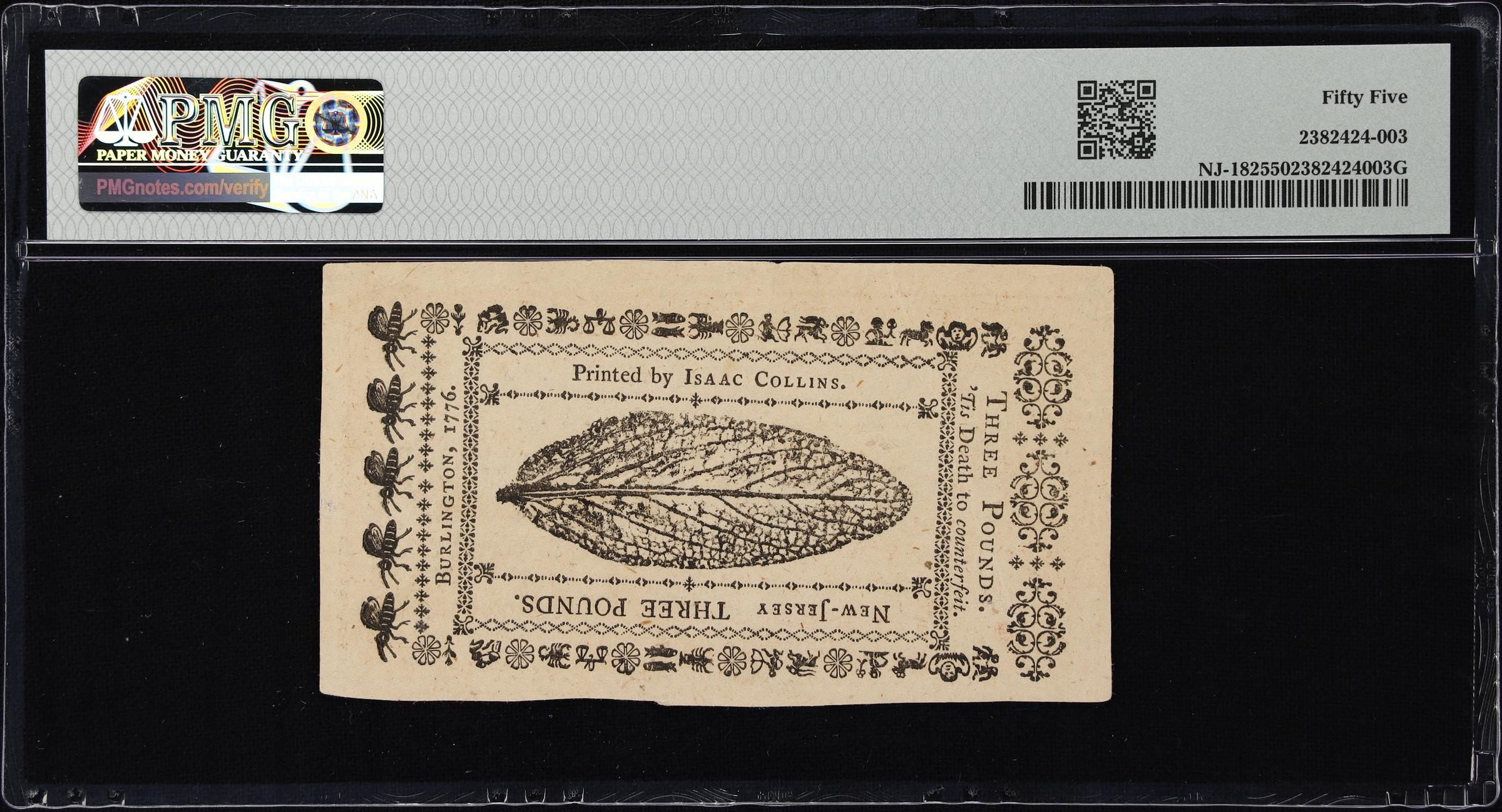 image for: NJ-182. New Jersey. March 25, 1776. 3 Pounds. PMG About Uncirculated 55.