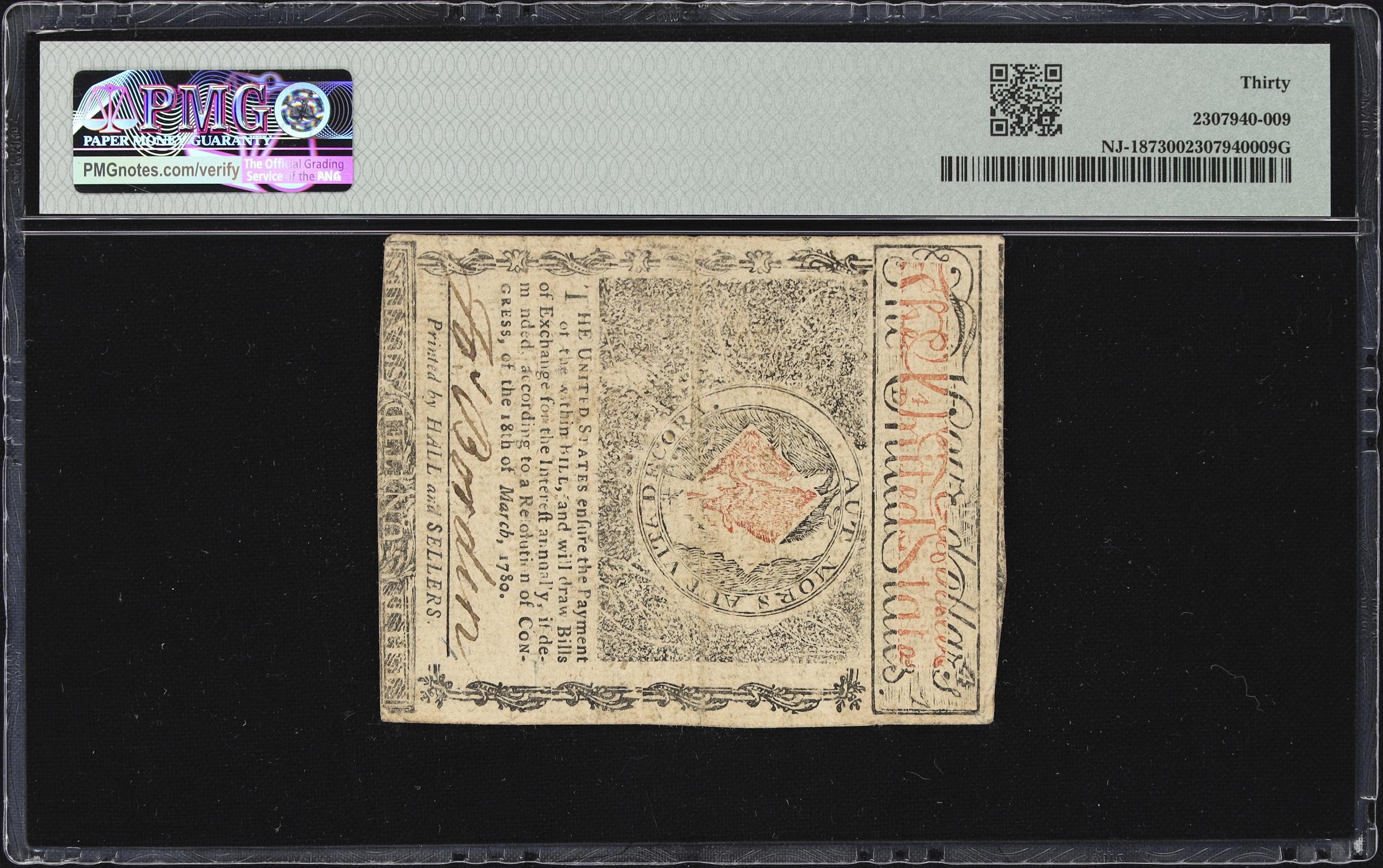 image for: NJ-187. New Jersey. June 9, 1780. $4. PMG Very Fine 30.