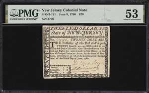image for: NJ-191. New Jersey. June 9, 1780. $20. PMG About Uncirculated 53.