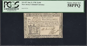 image for: NJ-197. New Jersey. January 9, 1781. 3 Shillings, 6 Pence. PCGS Currency Choice About New 58 PPQ.