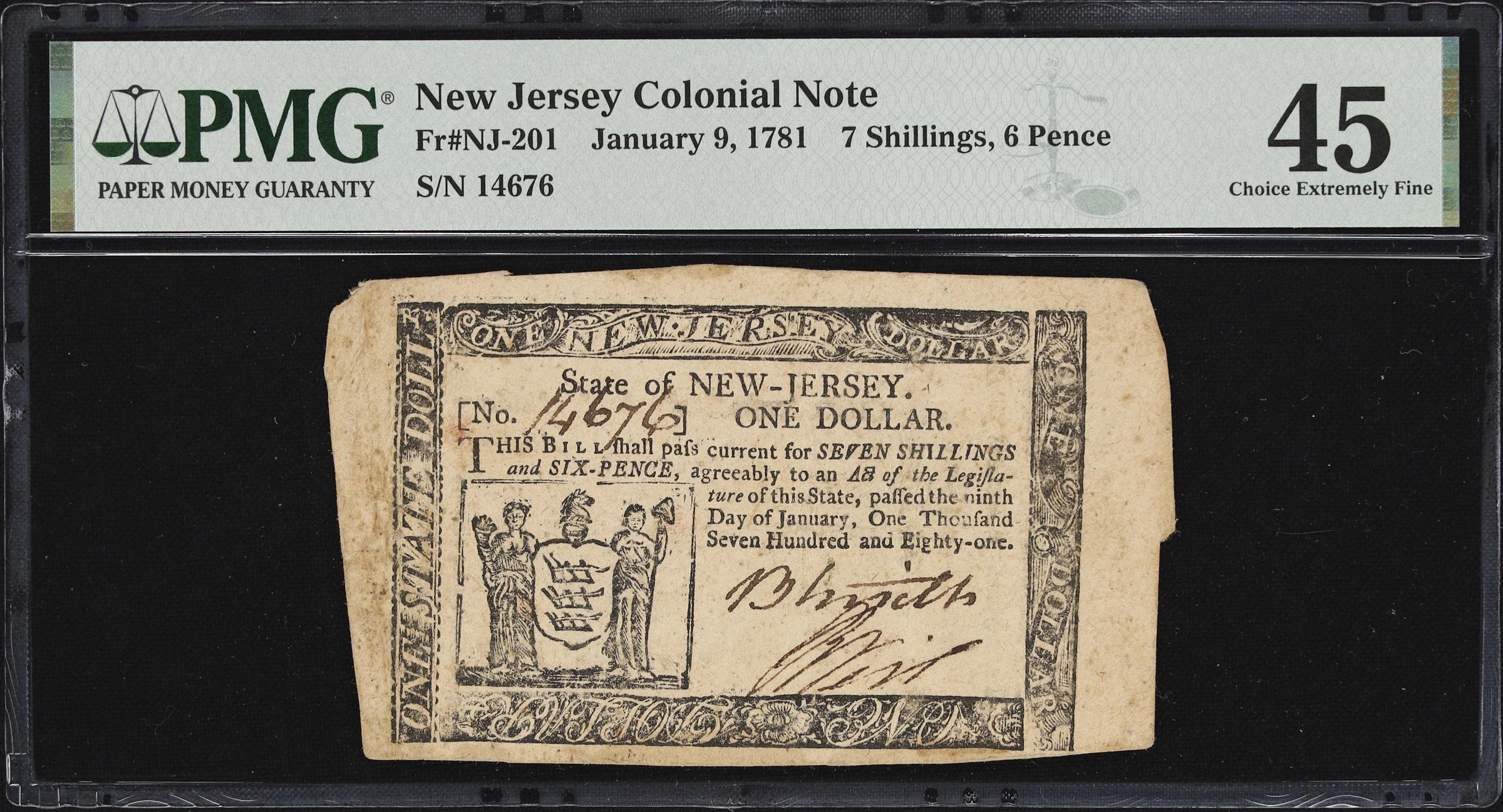 image for: NJ-201. New Jersey. January 9, 1781. 7 Shillings, 6 Pence. PMG Choice Extremely Fine 45.