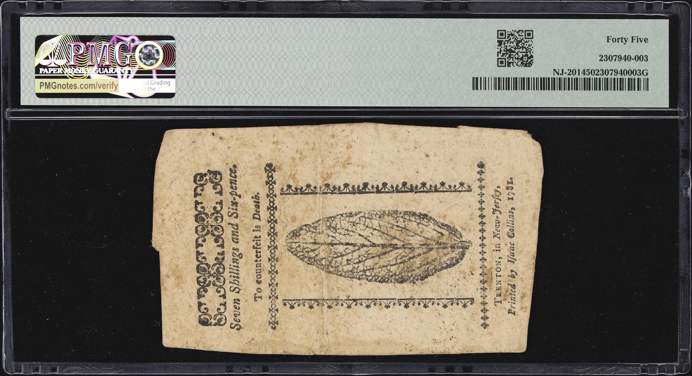 image for: NJ-201. New Jersey. January 9, 1781. 7 Shillings, 6 Pence. PMG Choice Extremely Fine 45.