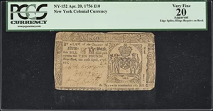 image for: NY-152. New York. April 20, 1756. 10 Pounds. PCGS Currency Very Fine 20 Apparent. Edge Splits; Hinge Repairs on Back.