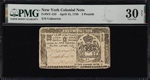 image for: NY-153. New York. April 15, 1758. 5 Pounds. PMG Very Fine 30 Net. Backed, Split.