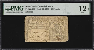 image for: NY-160. New York. April 21, 1760. 10 Pounds. PMG Fine 12 Net. Severed & Reattached, Pinholes.