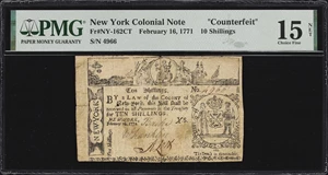 image for: NY-162CT. New York. February 16, 1771. 10 Shillings. PMG Choice Fine 15 Net. Repaired, Pinholes. Contemporary Counterfeit.