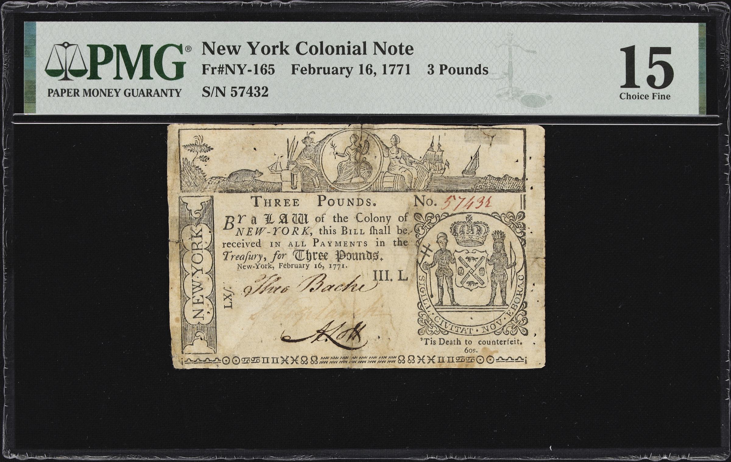 image for: NY-165. New York. February 16, 1771. 3 Pounds. PMG Choice Fine 15.