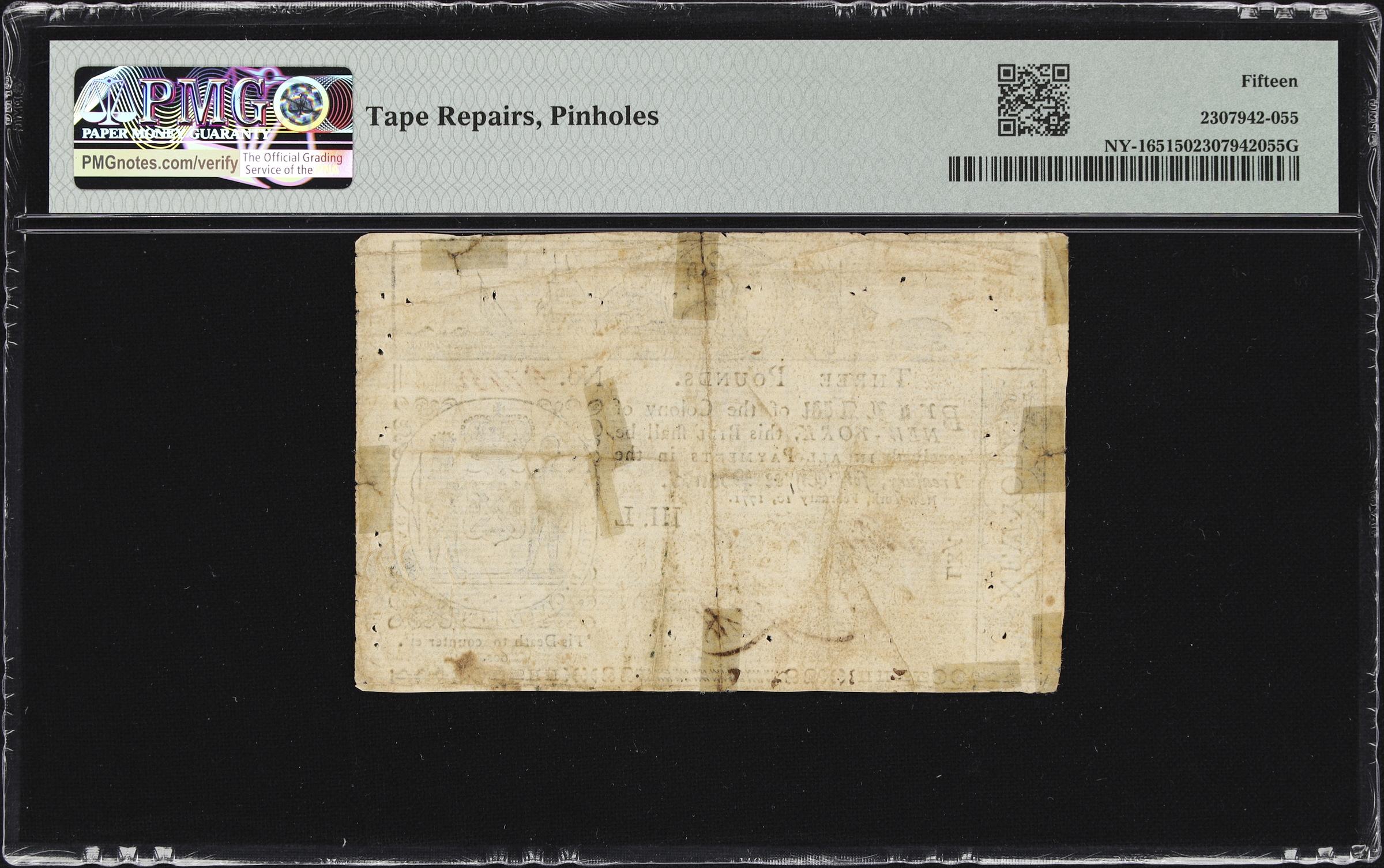 image for: NY-165. New York. February 16, 1771. 3 Pounds. PMG Choice Fine 15.
