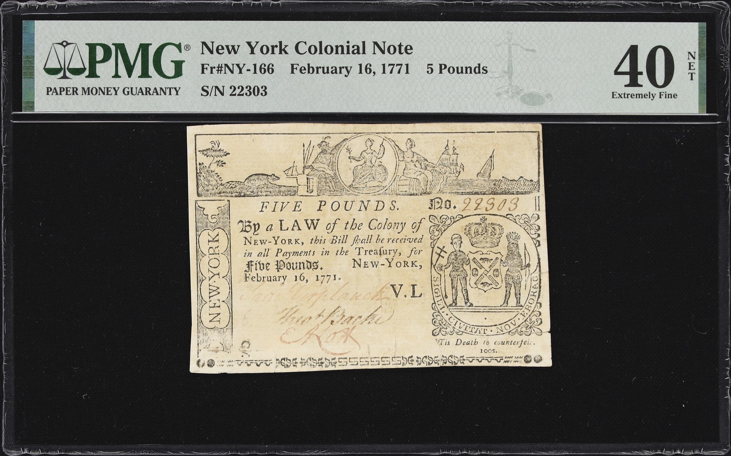 image for: NY-166. New York. February 16, 1771. 5 Pounds. PMG Extremely Fine 40 Net. Repaired, Previously Mounted.