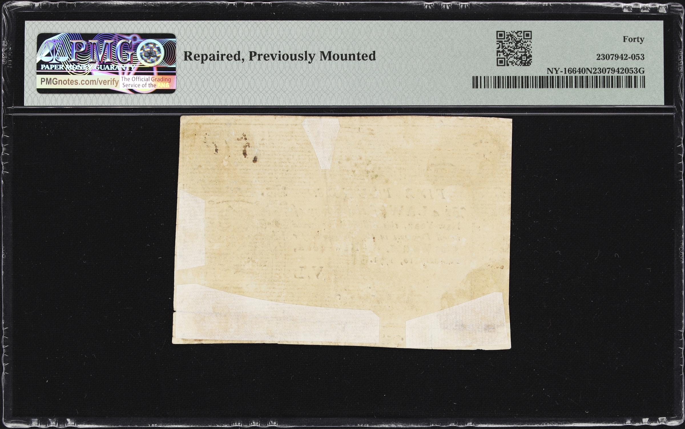 image for: NY-166. New York. February 16, 1771. 5 Pounds. PMG Extremely Fine 40 Net. Repaired, Previously Mounted.