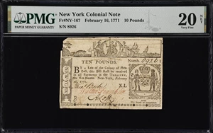 image for: NY-167. New York. February 16, 1771. 10 Pounds. PMG Very Fine 20 Net. Tape Repair, Corner Missing.