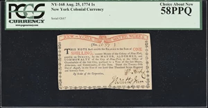 image for: NY-168. New York. August 25, 1774. 1 Shilling. PCGS Currency Choice About New 58 PPQ.