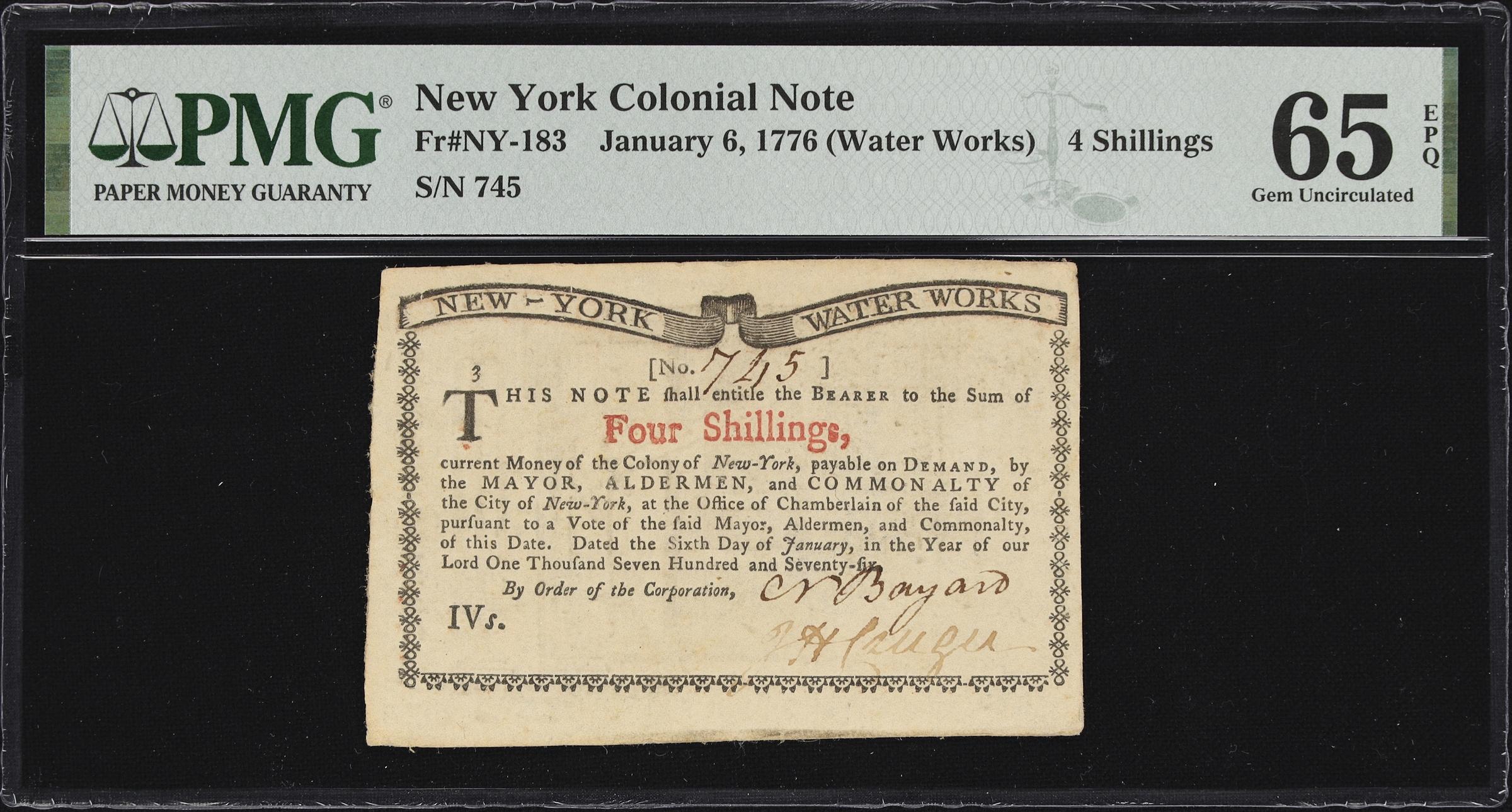 image for: NY-183. New York. January 6, 1776. 4 Shillings. PMG Gem Uncirculated 65 EPQ.