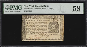 image for: NY-185. New York. March 5, 1776. $1/8. PMG Choice About Uncirculated 58.