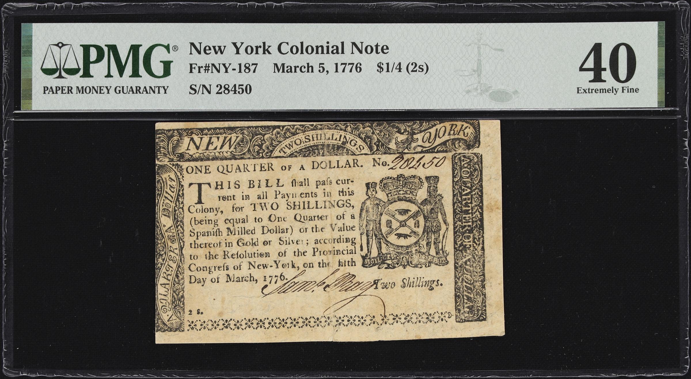 image for: NY-187. New York. March 5, 1776. $1/4. PMG Extremely Fine 40.