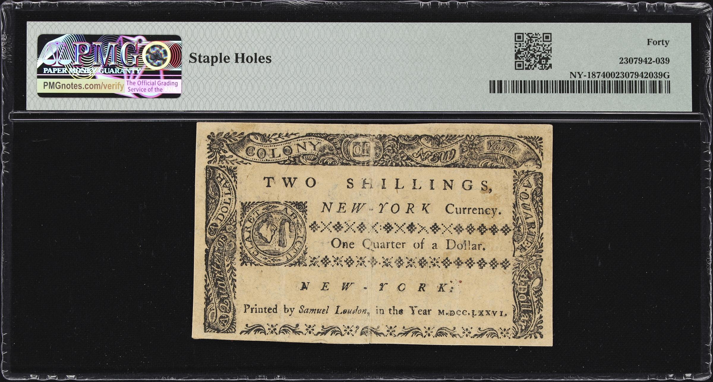 image for: NY-187. New York. March 5, 1776. $1/4. PMG Extremely Fine 40.