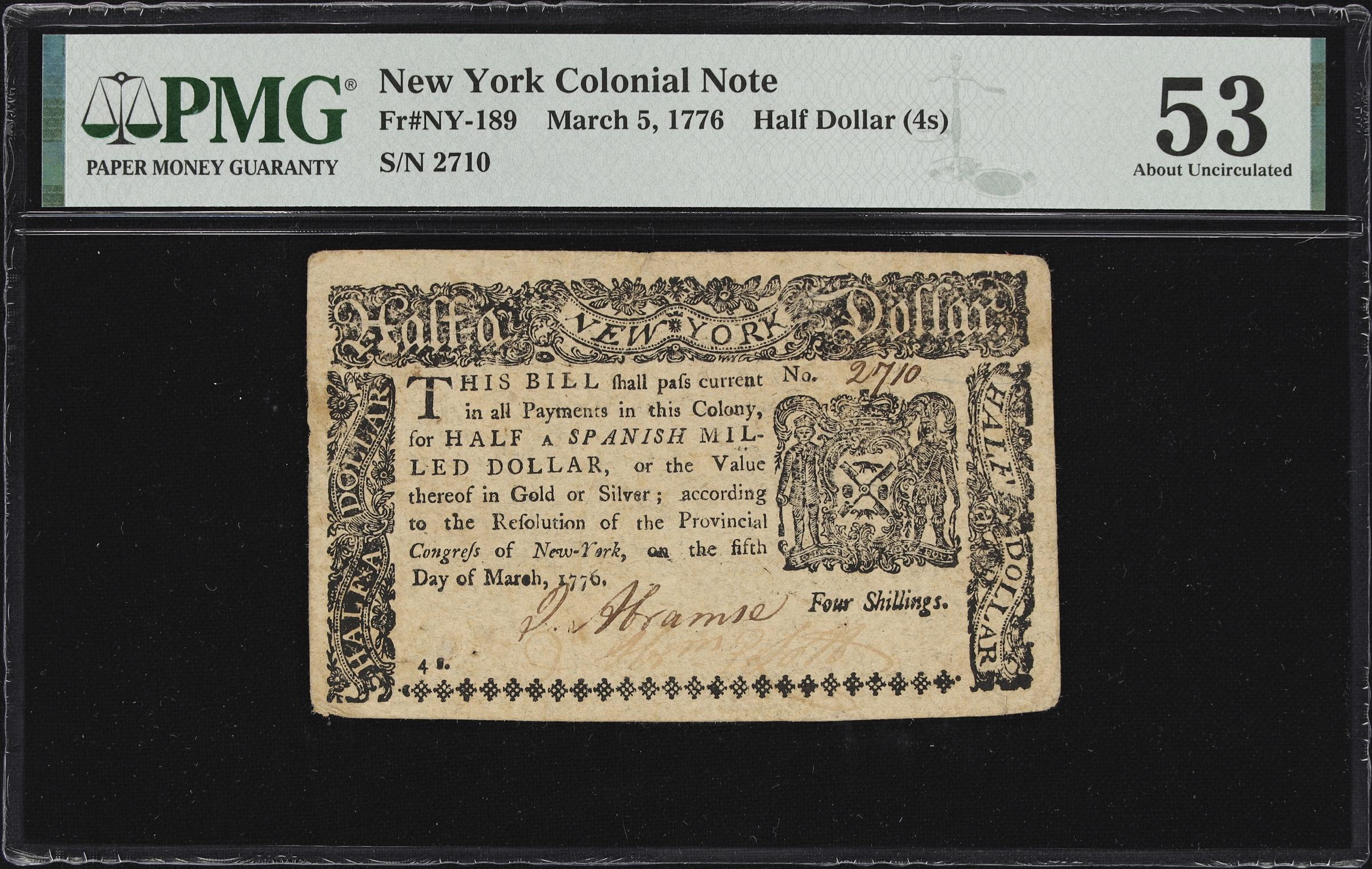 image for: NY-189. New York. March 5, 1776. $1/2. PMG About Uncirculated 53.