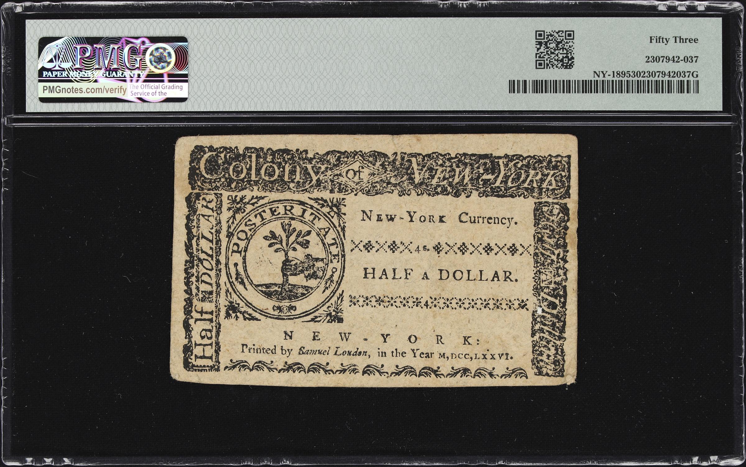 image for: NY-189. New York. March 5, 1776. $1/2. PMG About Uncirculated 53.
