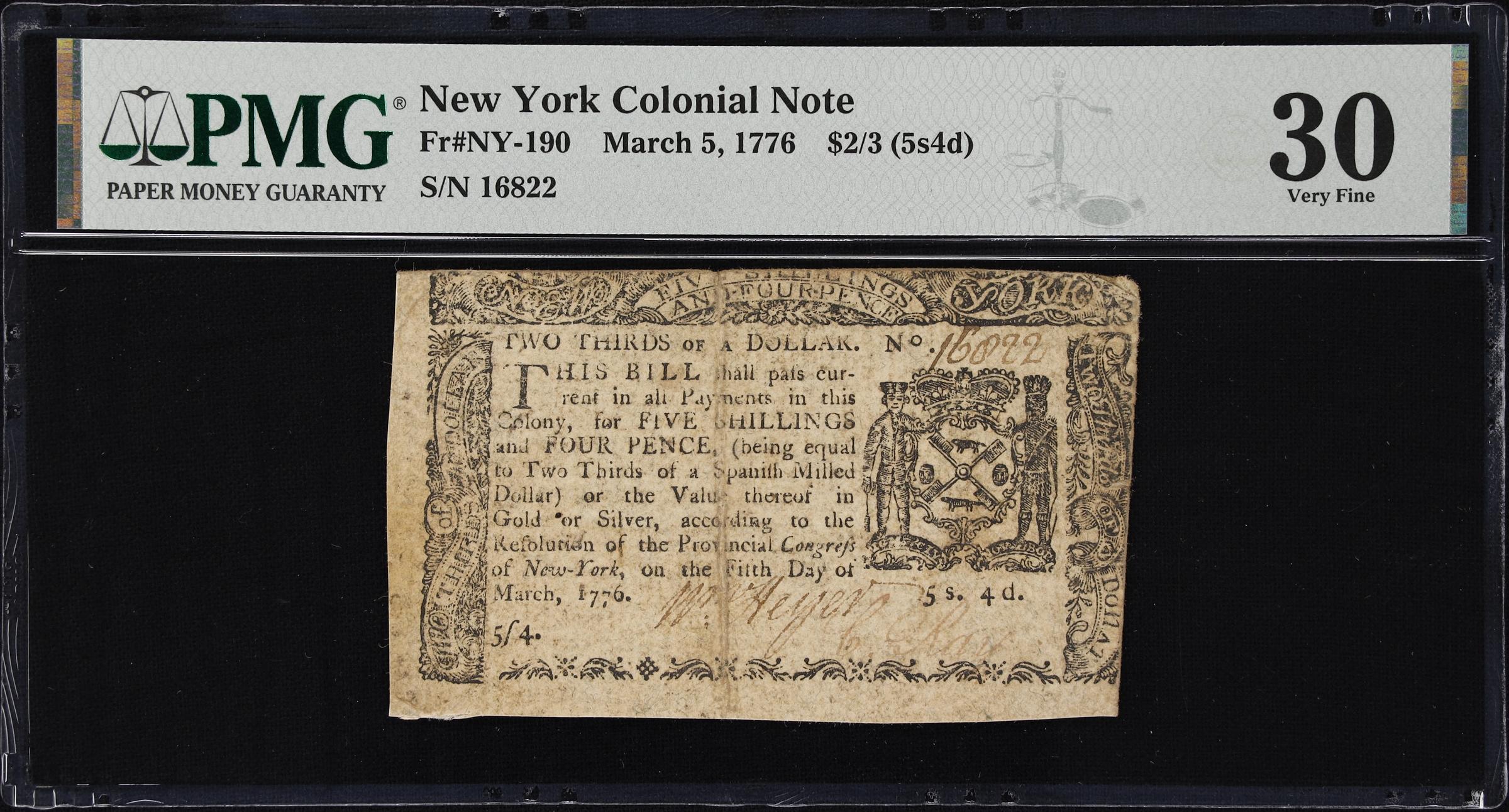 image for: NY-190. New York. March 5, 1776. $2/3. PMG Very Fine 30.