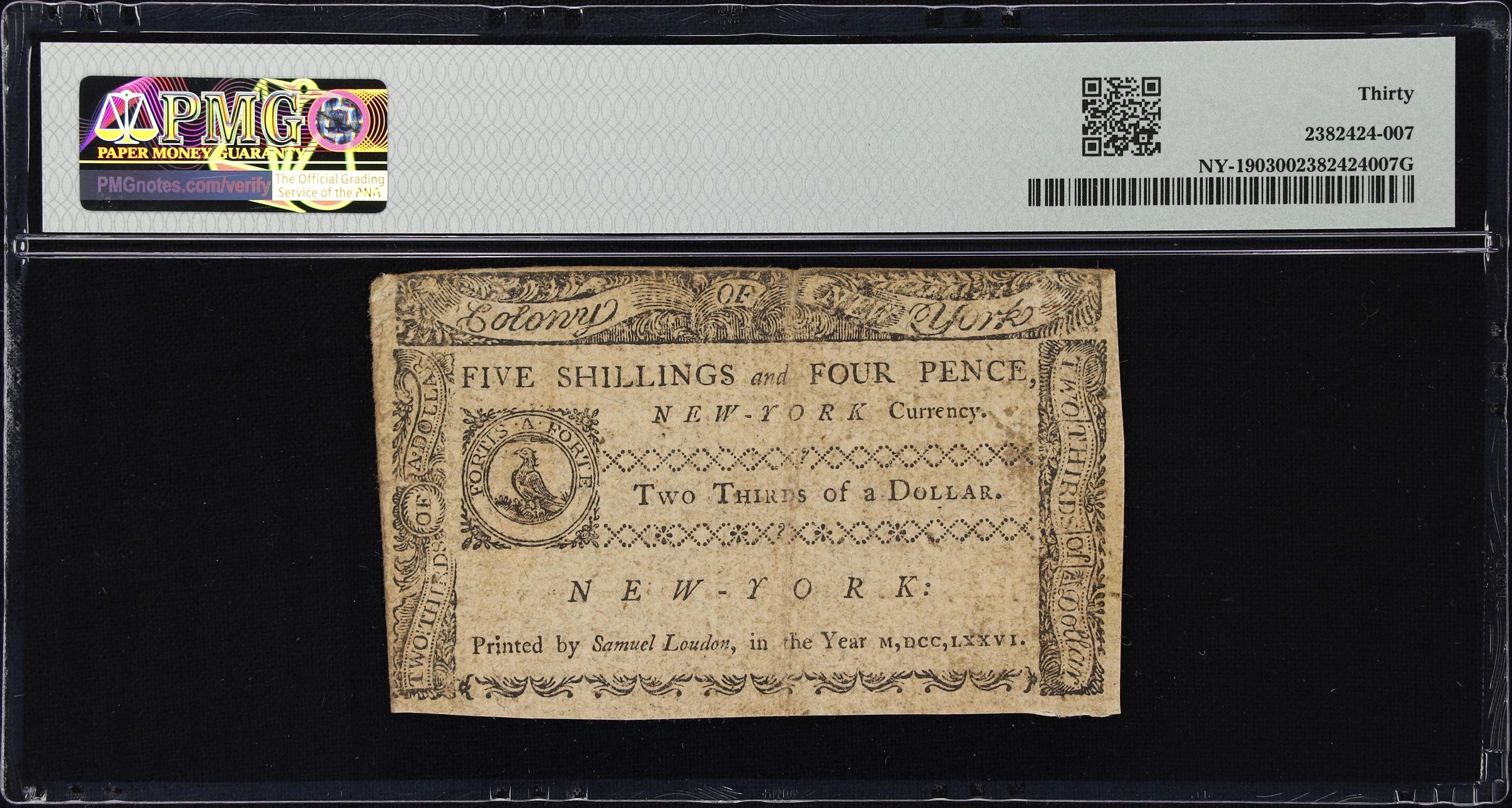 image for: NY-190. New York. March 5, 1776. $2/3. PMG Very Fine 30.