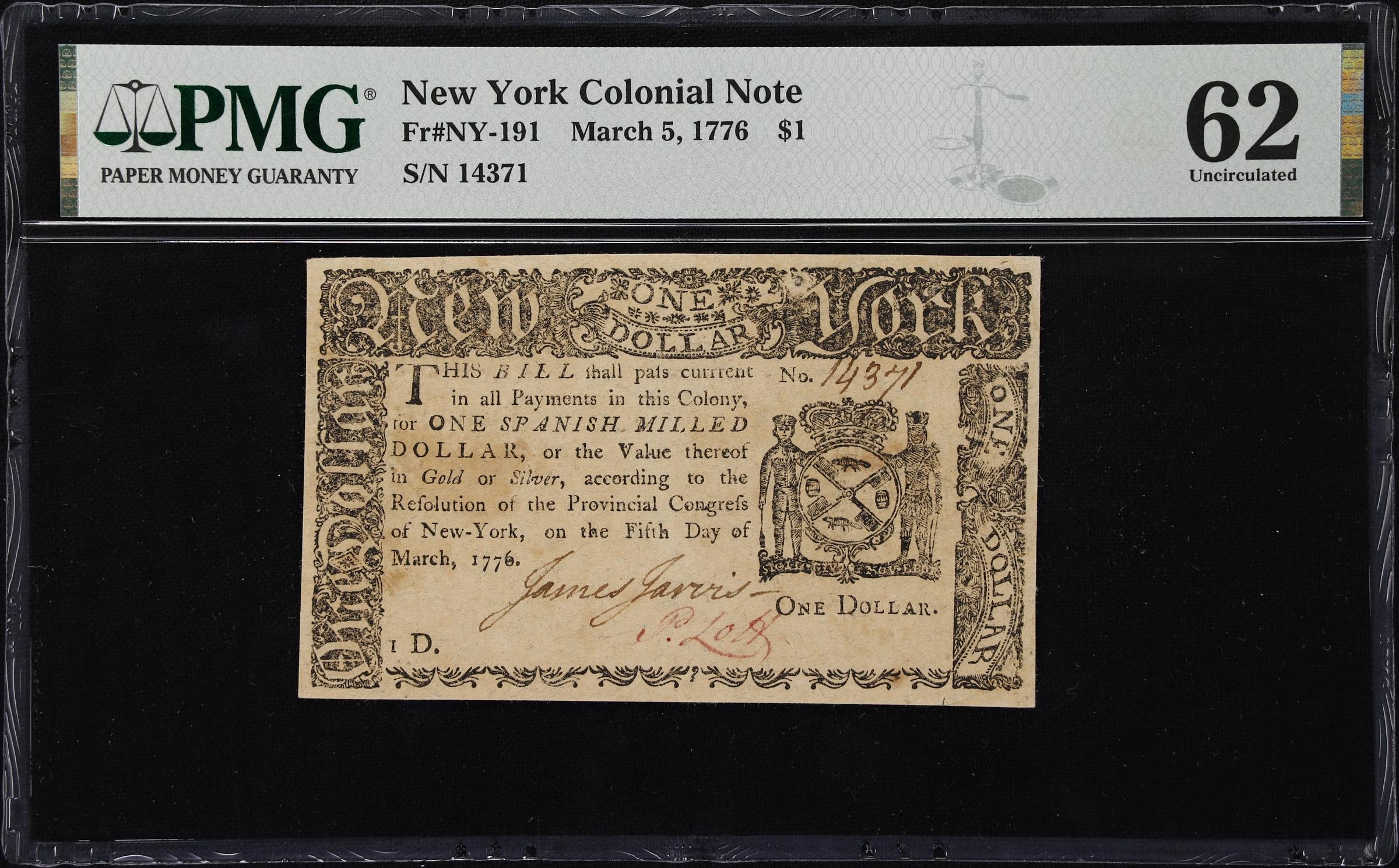 image for: NY-191. New York. March 5, 1776. $1. PMG Uncirculated 62.