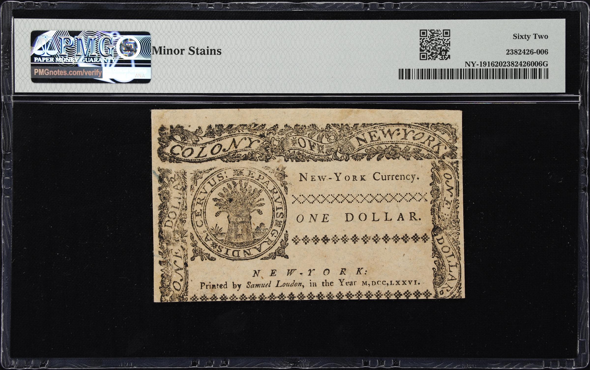image for: NY-191. New York. March 5, 1776. $1. PMG Uncirculated 62.