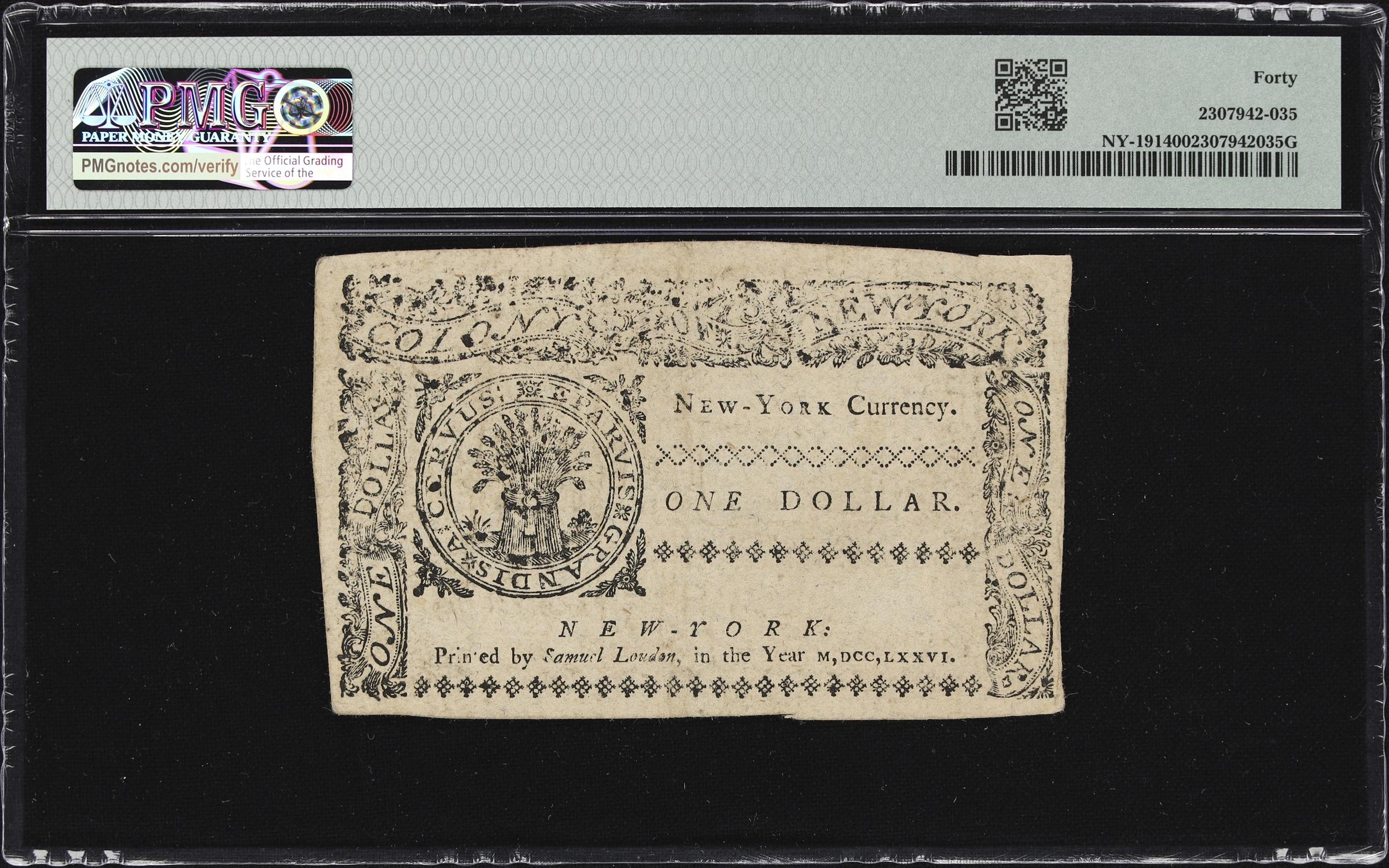 image for: NY-191. New York. March 5, 1776. $1. PMG Extremely Fine 40.