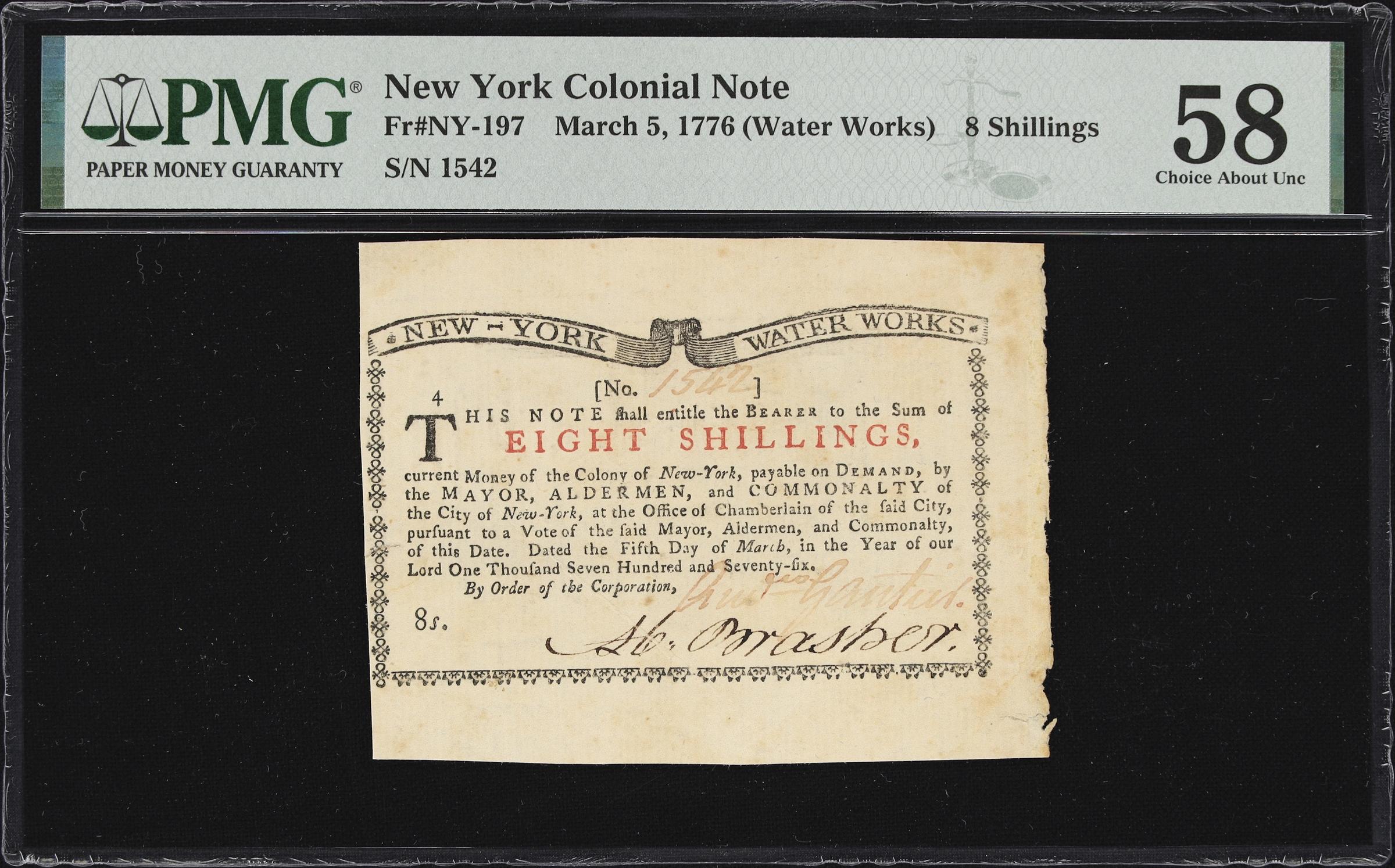 image for: NY-197. New York. March 5 ,1776. 8 Shillings. PMG Choice About Uncirculated 58.