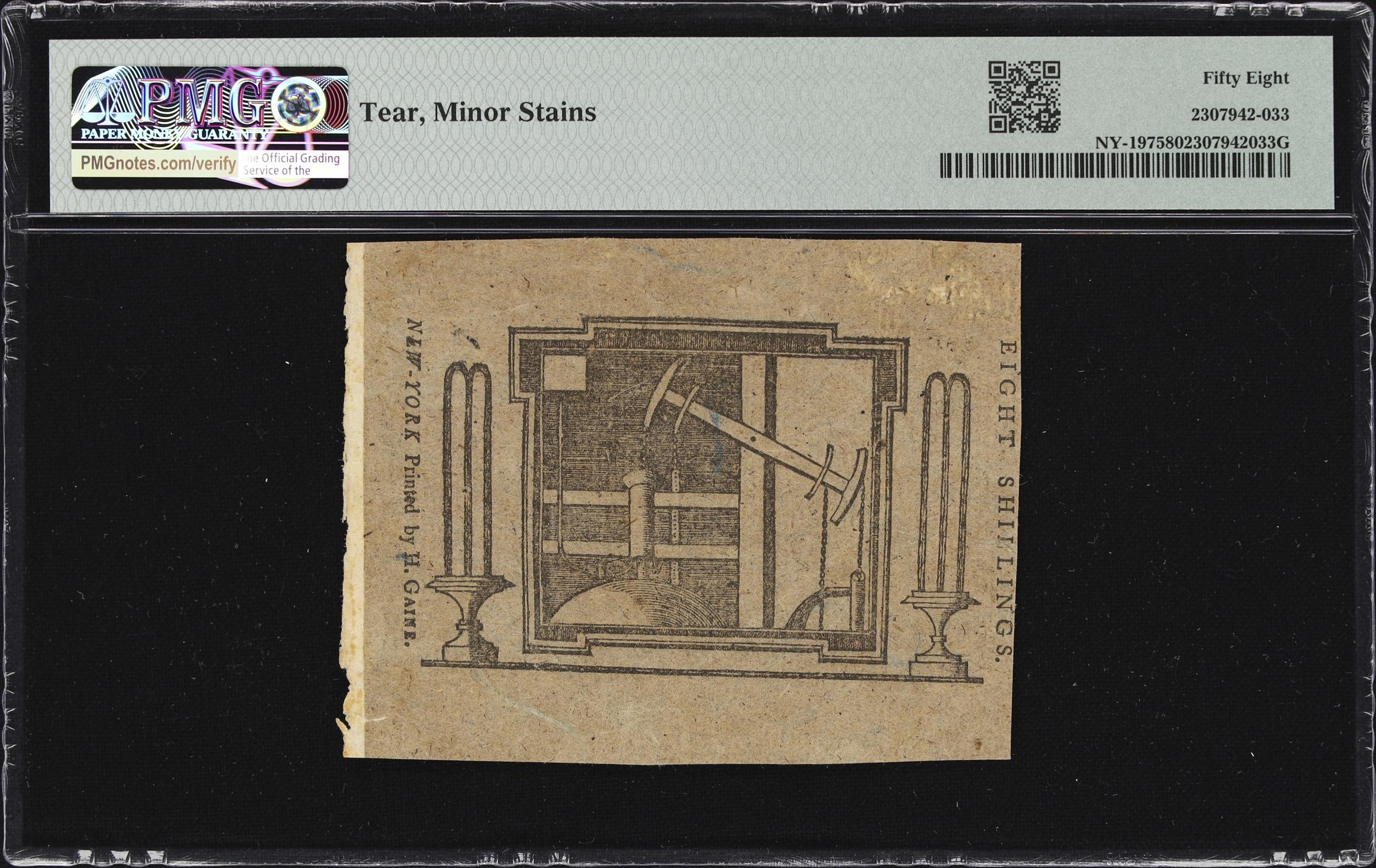 image for: NY-197. New York. March 5 ,1776. 8 Shillings. PMG Choice About Uncirculated 58.