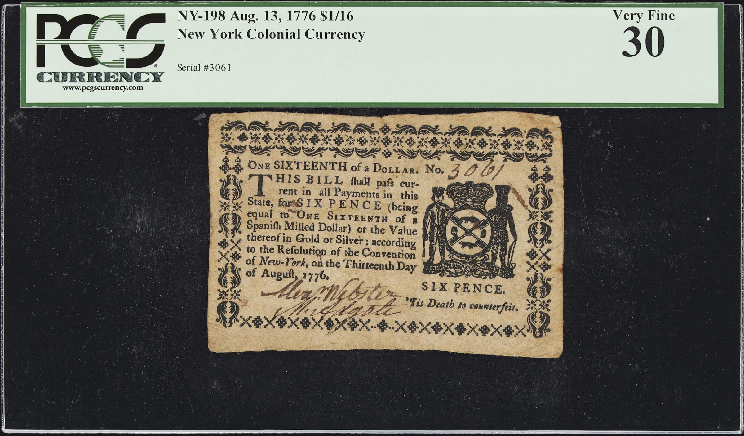 image for: NY-198. New York. August 13, 1776. $1/16. PCGS Currency Very Fine 30.