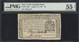 image for: NY-203. New York. August 13, 1776. $3. PMG About Uncirculated 55 Net. Rust.