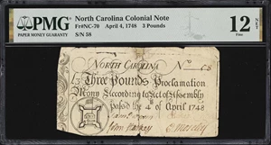 image for: NC-70. North Carolina. April 4, 1748. 3 Pounds. PMG Fine 12 Net. Repaired, Pinholes.