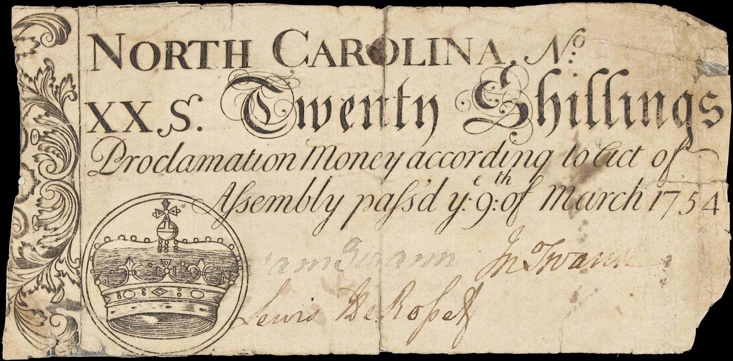 image for: NC-79. North Carolina. March 9, 1754. 20 Shillings. Very Good to Fine.