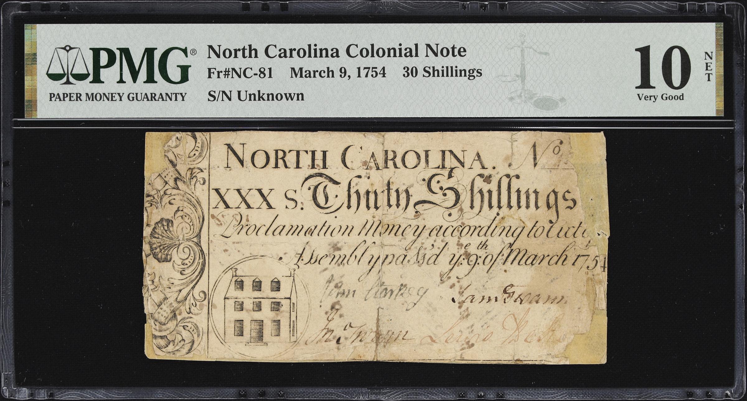 image for: NC-81. North Carolina. March 9, 1754. 30 Shillings. PMG Very Good 10 Net. Repaired.