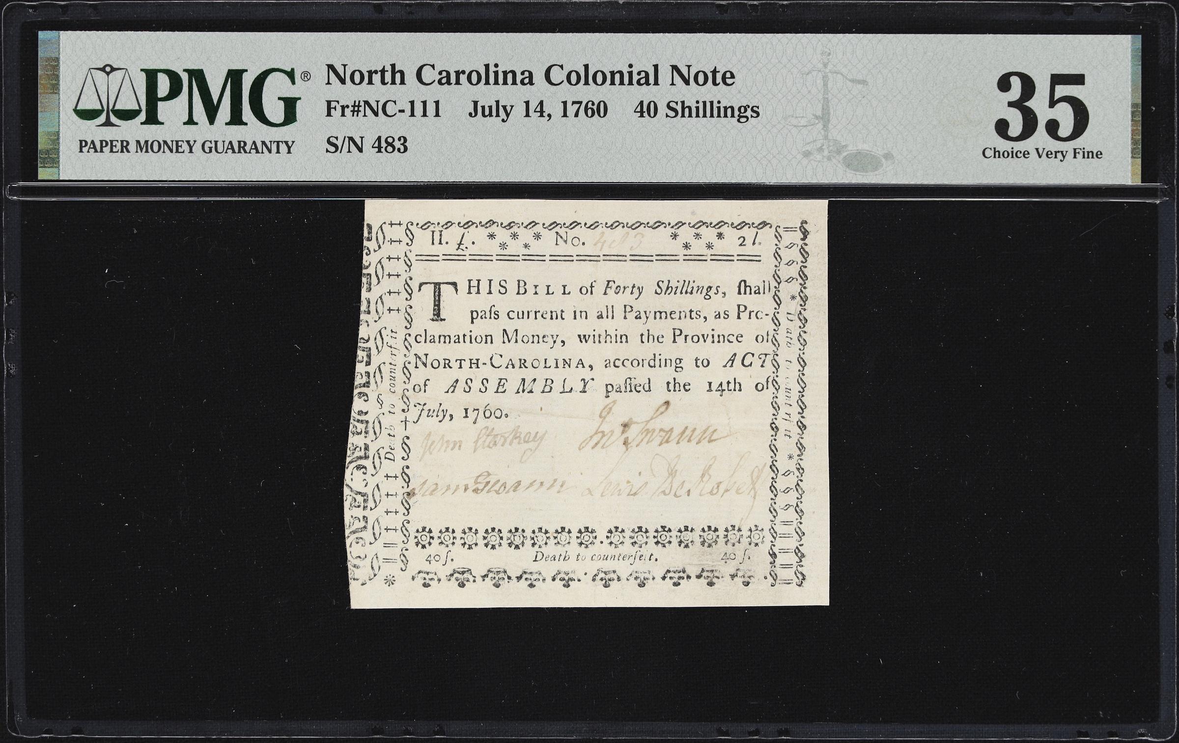 image for: NC-111. North Carolina. July 14, 1760. 40 Shillings. PMG Choice Very Fine 35.