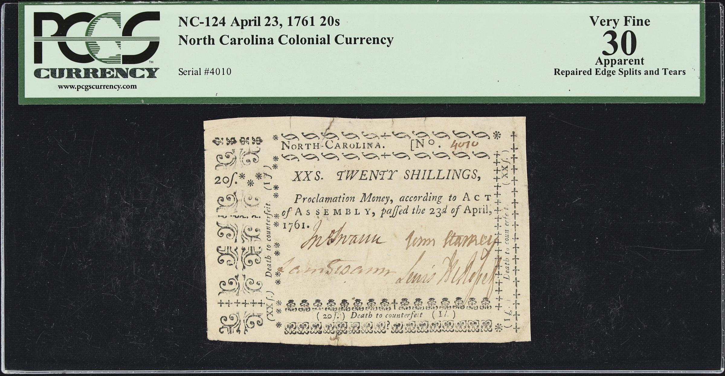 image for: NC-124. North Carolina. April 23, 1761. 20 Shillings. PCGS Currency Very Fine 30 Apparent. Repaired Edge Splits & Tears.