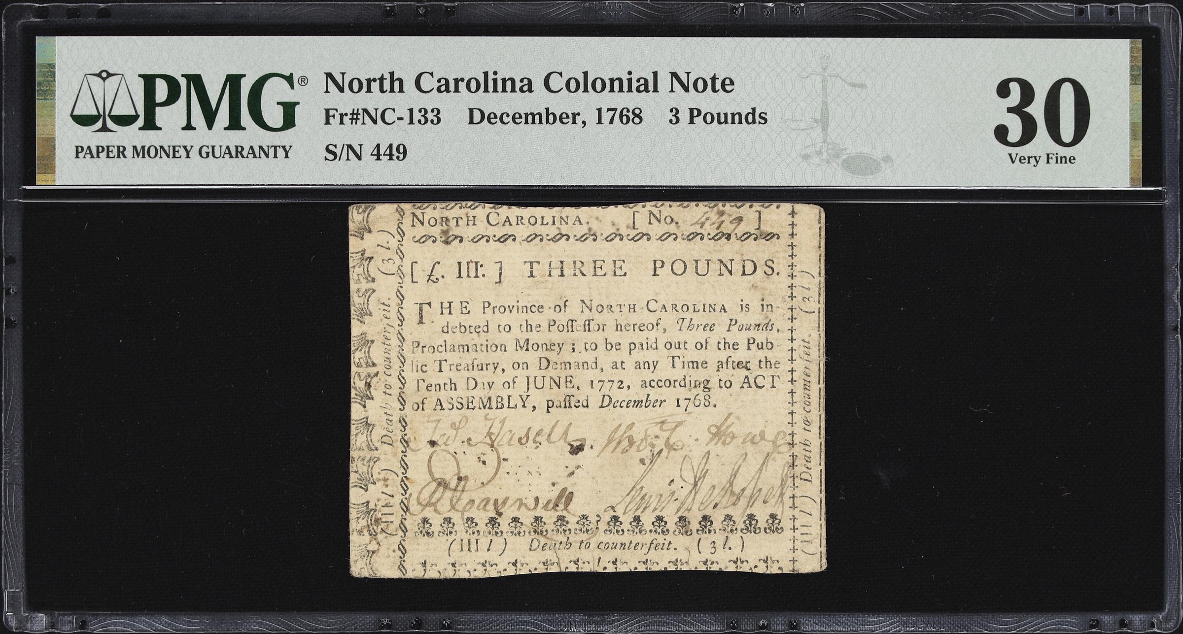 image for: NC-133. North Carolina. December, 1768. 3 Pounds. PMG Very Fine 30.