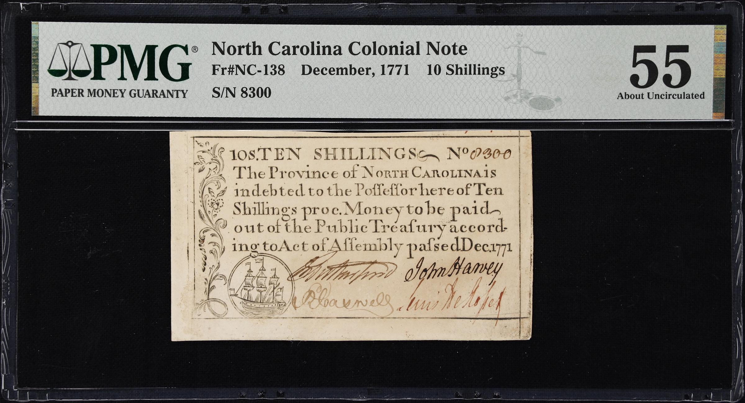 image for: NC-138. North Carolina. December, 1771. 10 Shillings. PMG About Uncirculated 55.