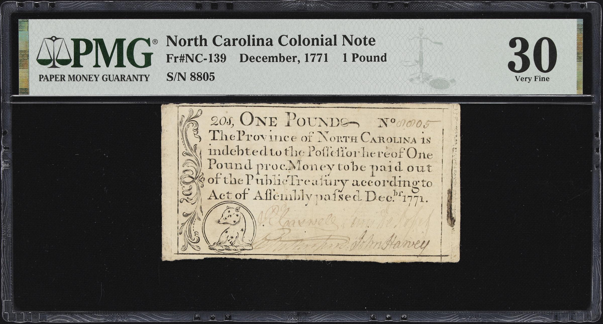 image for: NC-139. North Carolina. December, 1771. 1 Pound. PMG Very Fine 30.