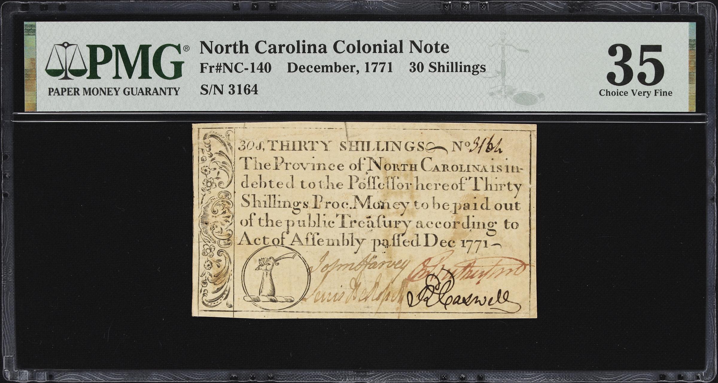 image for: NC-140. North Carolina. December, 1771. 30 Shillings. PMG Choice Very Fine 35.