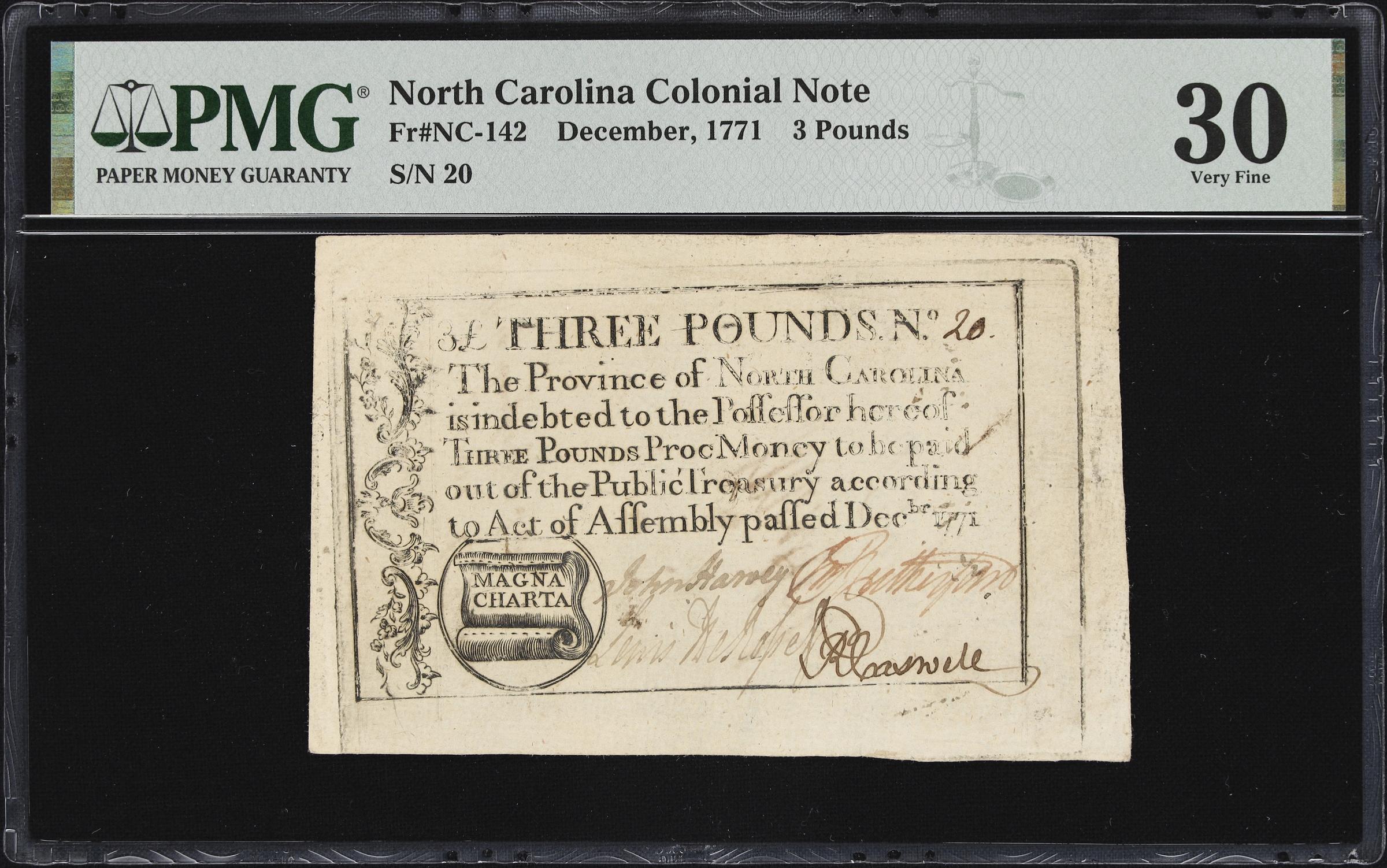 image for: NC-142. North Carolina. December, 1771. 3 Pounds. PMG Very Fine 30.